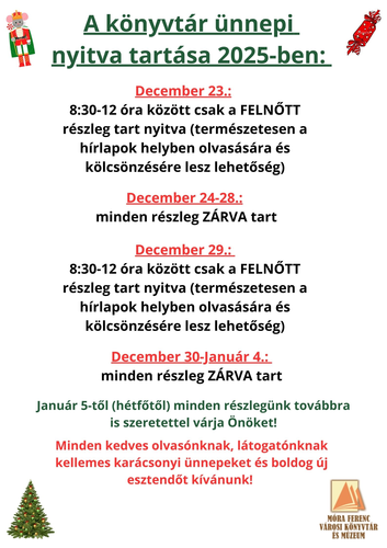 A könyvtár ünnepi nyitva tartása 2025-ben