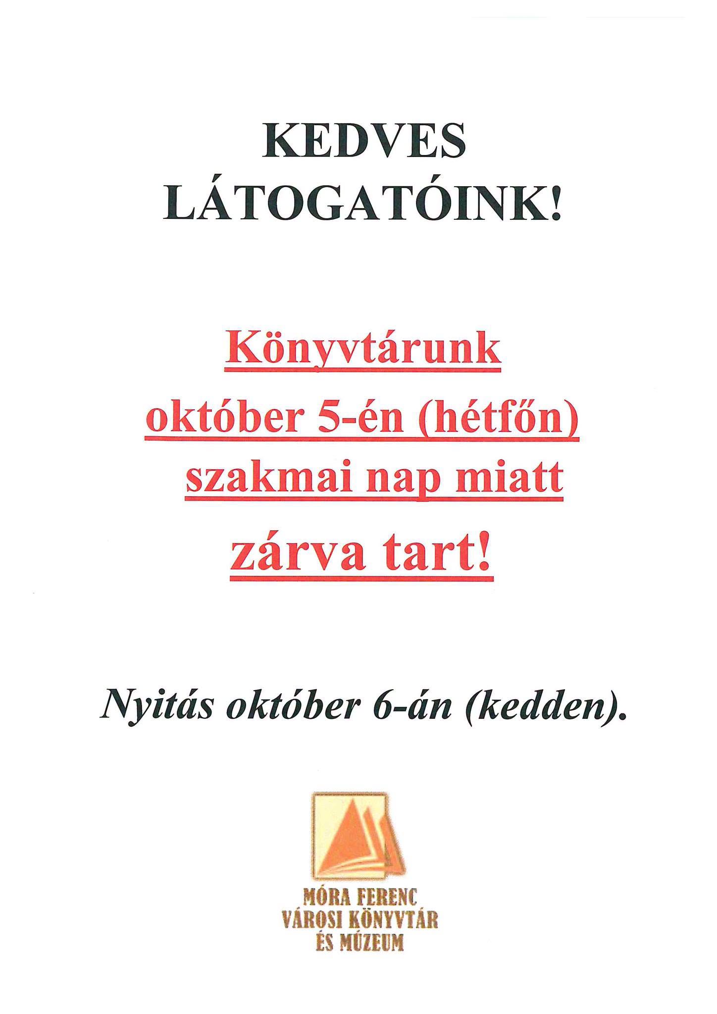 Szakmai nap miatt zárva tart a könyvtár október 5-én